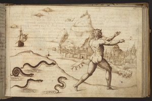 Schlangen verfolgen eine menschliche Figur, aus Historia Animalium, 1595 von Italian School