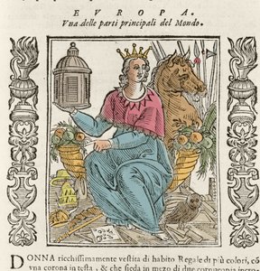 Allegorie Europas in Form einer reich gekleideten Frau, gekrönt, umgeben von Füllhörnern. Platte aus „Iconologia“ von Cesare Ripa (um 1550-1622) von Italian School