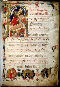 Antiphonar (Manuskript heiliger Musik) mit Porträt von Dogen Marino Zorzi unten links
