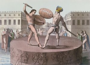Aztekische Krieger im Kampf auf einem Cuauhxicalli, ca. 1820