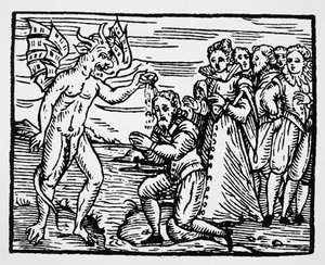 Taufe durch den Teufel, Kopie einer Illustration aus Compendium Maleficarum von Fr M Guaccius, Mailand 1608, verwendet in Geschichte der Magie, veröffentlicht Ende des 19. Jahrhunderts