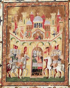 Kampfszene an den Mauern Jerusalems, aus Descriptio Terrae Sanctae von Burcardus Theutonicus oder Burchard von Mount Sion