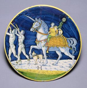 C.86-1927 Schale mit Darstellung von Caesars Pferd aus dem Triumph des Caesar, zugeschrieben Jacopo di Pietro, Italienisch, aus Caffaggiolo von Italian School