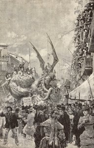 Wagenparade am letzten Tag des Karnevals, Neapel, Italien, Gravur nach einer Zeichnung von Matania, aus L