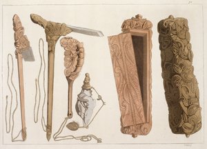 Geschnitzte und verzierte Aborigine-Werkzeuge, Illustration aus einer Sammlung von Reisebüchern des frühen 19. Jahrhunderts von Italian School