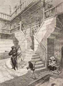 Schlosshof, mittelalterliches Dorf in Turin, Italien, Stich von Bonamore aus L
