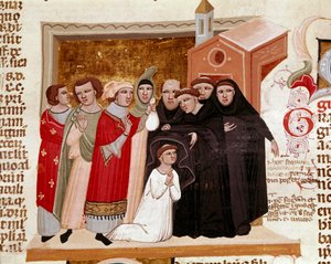 Zeremonie der Einkleidung eines Mönchs. Miniatur aus „Decretum Gratiani“ (Concordia discordantium canonum) von 1140, das die Gesetze und Kanones der römisch-katholischen Kirche regelt. 14. Jahrhundert, Siena, Biblioteca degli Intronati von Italian School