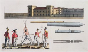 Chatham-Kaserne, eine militärische Bestrafung namens das Dreieck und Congreve-Raketen, Tafel 17 aus Die Geschichte der Nationen (Aquatinta) von Italian School