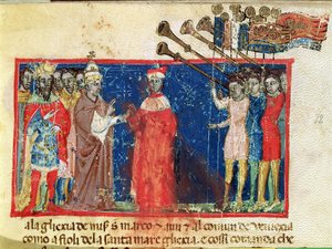 Codex Correr I 383 Doge Sebastiani Ziani erhält eine Petition von Papst Alexander III. (1159-81) und Kaiser Friedrich Barbarossa (ca. 1123-90) von Italian School