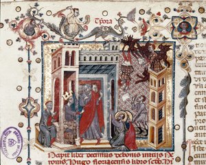 Codices Cavenses, Cod.25 f.181, Simon Magus, der Kaiser Nero und die Apostel, Miniatur aus Speculum Historiale, Teil I, von Vincent de Beauvais, ca. 1320