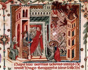 Codices Cavenses, Cod.25 f.181, Simon Magus, der Kaiser Nero und die Apostel, Miniatur aus Speculum Historiale, Teil I, von Vincent de Beauvais, ca. 1320 von Italian School