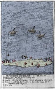 Korallenfischerei im Golf von Trapani in Sizilien, Darstellung kleiner Unterwasserinseln, auf denen Korallenbänke entstehen. Gravur aus „Stato Presente della Sicilia“ von Arcangelo Leanti, Palermo 1761