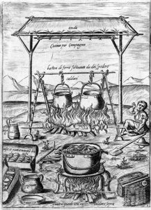 Landküche: Kessel und Töpfe stehen auf dem Feuer. Gravur aus „Opera“, Buch über Gastronomie in 6 Teilen, von Bartolomeo Scappi, persönlicher Koch von Papst Pius V. Venedig
