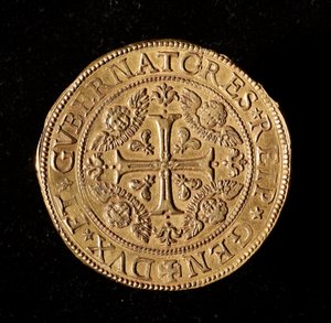 Währung der Republik Genua: 20 Gold-Doppie. Durchmesser 58 mm. 1645. Vorderseite. Genes Musei di Strada Nuova (inv. M7097) von Italian School