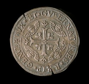 Währung der Republik Genua: ECU breit in Silber. Durchmesser 61 mm. 1693. Vorderseite. Genua Musei di Strada Nuova (inv, M7135)