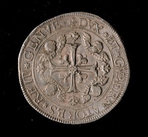 Währung der Republik Genua: fünf Ecu-Silbermünze. Durchmesser 61 mm. 1693. Vorderseite