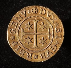 Währung der Republik Genua: fünf Gold-Doppie-Münze. Durchmesser 41 mm. 1642. Vorderseite. Genua Musei di Strada Nuova von Italian School