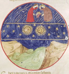 Dante und Beatrice betrachten das Zeichen der Zwillinge, die Planeten und die Erde, aus der Divina Commedia von Dante Alighieri (1265-1321)