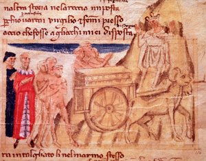 Dante und Virgil und der Wagen und die Ochsen, die die Arche ziehen (Gesang X aus dem Fegefeuer, in der Göttlichen Komödie) - Miniatur