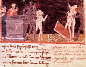 Dante und Virgil umgeben von den Zuhältern und Verführern (Gesang 18 aus der Hölle, in der Göttlichen Komödie) - Miniatur von Italian School