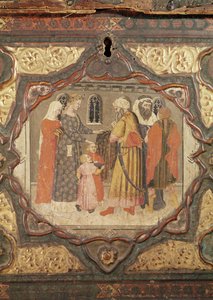 Detail eines Cassone, das die Geschichte von Saladin und Torello von Istrien zeigt, von Giovanni Boccaccio