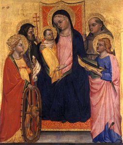 Thronende Madonna und Kind mit vier Heiligen, ca. 1400