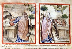 Episode des Opfers von Isaak durch Abraham. Miniatur aus Codex 212 (oder Padovano Codice oder Bibel von Padua) 1390-1400 von Italian School