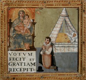 Ex-Voto, das einen Mann zeigt, der der Jungfrau auf Knien für die Heilung von einer Krankheit dankt, 1604 von Italian School