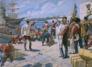 Expedition der Tausend unter der Führung von Giuseppe Garibaldi, Landung in Marsala, Sizilien, 1860, Illustration aus einem Album zur Geschichte des Risorgimento für die Schokolade Talmone, späte 19. Jahrhundert von Italian School