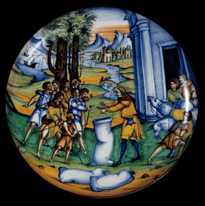 Fayencetasse, die Joseph in Benjamins Tasche darstellt, die Tasse, die er darauf gelegt hatte. Hergestellt von der Manufacture Case Pirota von Italian School