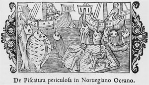 Fischen im norwegischen Ozean, Illustration aus Historia de Gentibus Septentrionalibus von Olaus Magnus (1490-1558), veröffentlicht in Rom, 1555