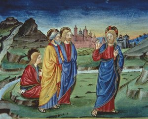 Fol.103v Nach der Verklärung sagt Christus den Aposteln, sie sollen dies erst nach der Auferstehung offenbaren (Detail)