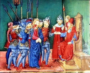 Fol.106v Christus wird als Gefangener vor Anas, den Hohepriester, geführt von Italian School