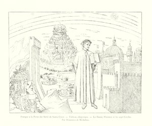 Fresko an der Porta dei Servi von Santa Croce, Allegorisches Bild, Dante, Florenz und die sieben Kreise, von Domenico di Michelino (Gravur)