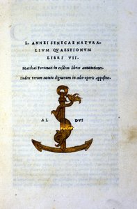 Frontispiz von „Naturalium Questionum Libri VII“ oder „Naturfragen Buch VII“ von Seneca dem Philosophen oder Lucius Annaeus Seneca (2 v. Chr. - 65 n. Chr.), gedruckt 1503 von Aldo Manuzio (Alde Manonce) (1450 - 1515), venezianischer Gelehrter und Drucker von Italian School