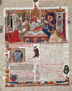 Frontispizseite des Manuskripts „Decretum Gratiani“ (Concordia discordantium canonum) von 1140, das die Gesetze und Kanones der römisch-katholischen Kirche regelt. 14. Jahrhundert, Siena, Biblioteca degli Intronati