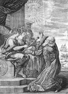 Galileo, Astronom (1564 - 1642), präsentiert das Teleskop den drei Grazien. Mit seiner rechten Hand zeigt er auf den Planeten Jupiter mit seinen von ihm entdeckten Satelliten, die er der Medici-Familie widmete. Frontispiz von „Opere di Galileo“, Bologna von Italian School