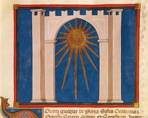 Tor der Sonne, Miniatur aus dem Register der Notare von Perugia, Manuskript, Italien, 14. Jahrhundert von Italian School