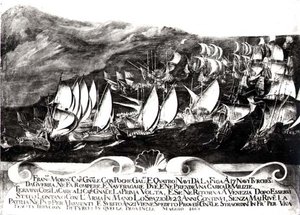 General Francisco Morosini (1618-94) und die venezianische Flotte in einer Begegnung mit der türkischen Flotte vor der Küste Kretas, Mai 1661