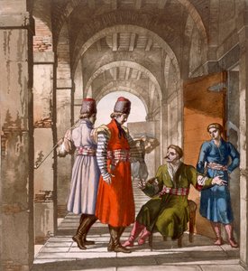 Georgische Männer plaudern und rauchen in einer Arkade, ca. 1820er-30er Jahre von Italian School
