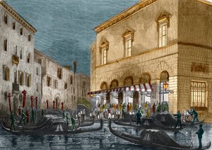 Gondoliere warten auf Zuschauer vor dem Teatro La Fenice, Venedig, Italien, aus Le Monde Illustré Nr. 564, 1868