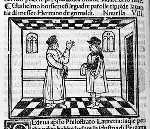 Grimaldis geiziger Erminio trifft auf Guglielmo Borsiere, der versucht, ihm mit schönen Worten Geld zu entlocken. Illustration zur Novelle 61 (Neue 8 des ersten Tages) des „Decameron“ von Giovanni Boccaccio (1313-1375), italienischer Schriftsteller. Gravur