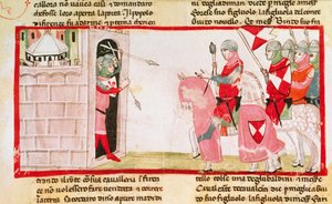 Guelfen blockieren die Ghibellinen am Wiedereintritt in die Stadt, Miniatur aus der Cronica von Giovanni Villani, Manuskript, Italien, 14. Jahrhundert von Italian School