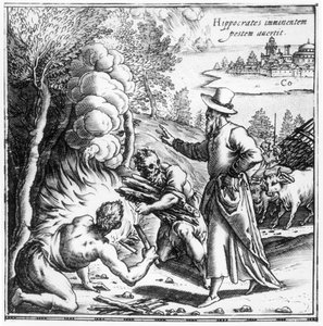 Hippokrates (ca. 460-ca. 377 v. Chr.) erklärt die Bedeutung der Ansteckung bei der Pestepidemie, Titelblatt aus Hippocratis Opera Quae Extant, veröffentlicht in Venedig, 1588 von Italian School