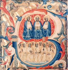 Historiierte Initiale B, die die Dreifaltigkeit und Christus umgeben von Engeln zeigt, Bologneser Schule, ca. 1340-50 von Italian School