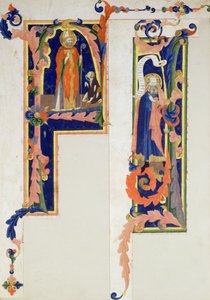 Historiierte Initiale F, die einen bischöflichen Heiligen zeigt, der einen jungen Krüppel segnet, und I, die einen Propheten zeigt, Florentinische Schule