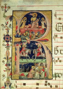 Historisierte Initiale R, die die Auferstehung, zwei Ritterheilige und einen Bischofsheiligen zeigt, der Reliquien empfängt von Italian School