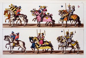 Heiliges Römisches Reich: Teilnehmer an einem Turnier auf der Burg Luxemburg zur Zeit von Maximilian I., aus Costumi dei Romani, Svizzeri.. ca. 1800-18