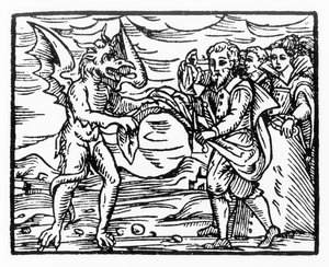 Huldigung an den Teufel, Kopie einer Illustration aus Compendium Maleticarum von Fr M Guaccius, Mailand 1608, verwendet in Geschichte der Magie, veröffentlicht Ende des 19. Jahrhunderts