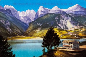 Hotel Molveno mit Brenta-Gruppe und Val delle Seghe, Postkarte, Trentino-Südtirol, 20. Jahrhundert